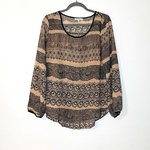 Blu Pepper Vintage Sheer Boho Pheasant Blouse Top Tan Navy Print Women’s Size M